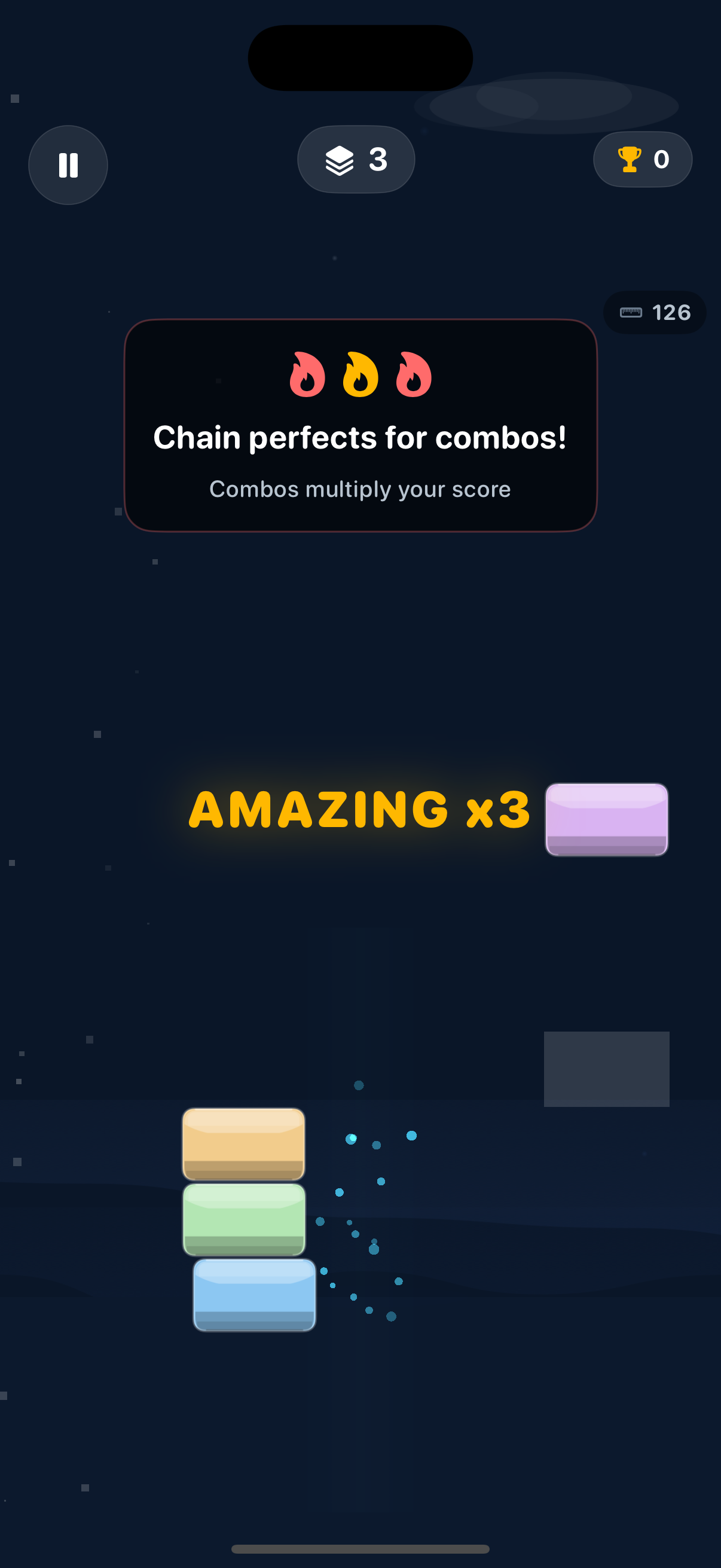 Sky Stack block stacking gameplay showing combo streaks and colorful blocks