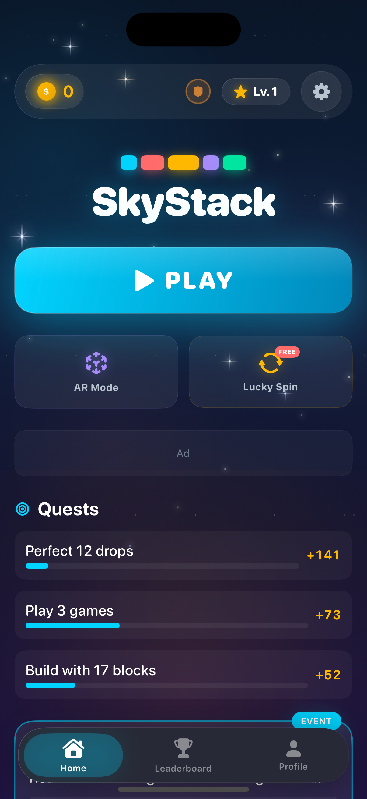 Sky Stack tower block game main menu screen on iPhone